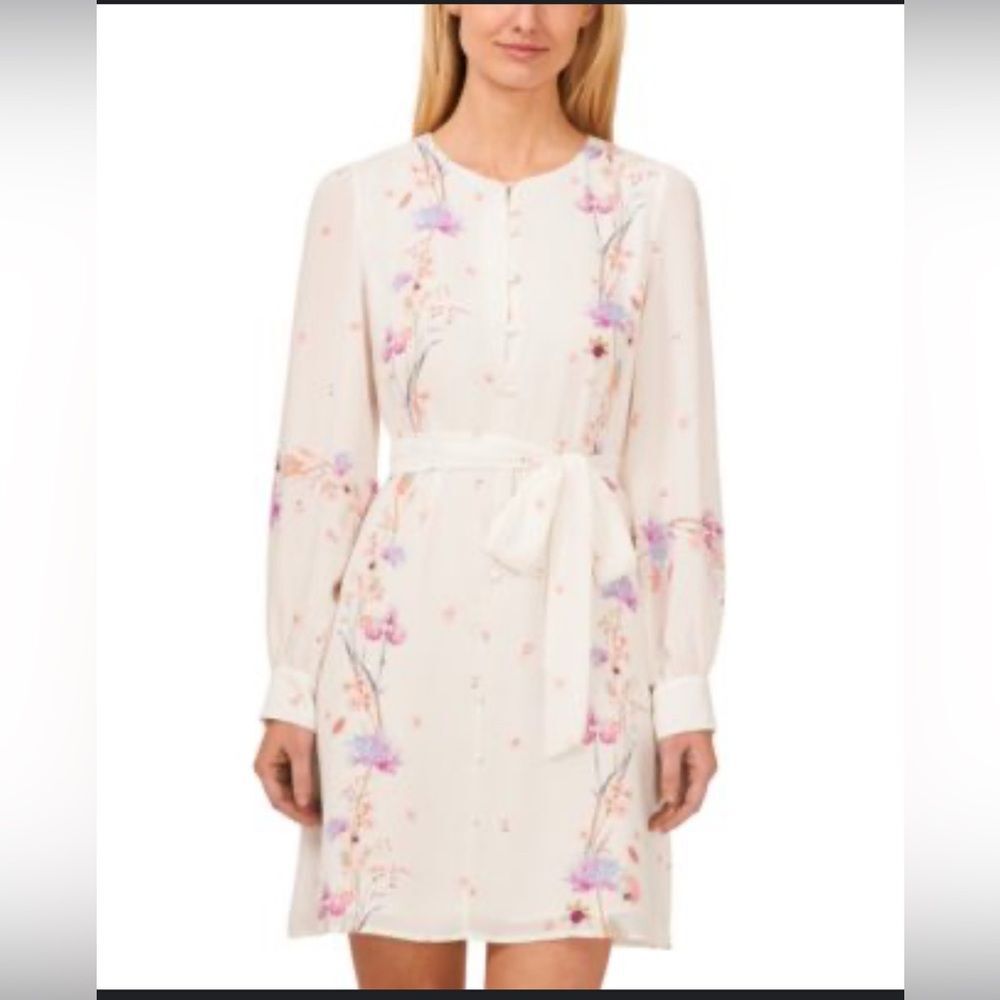 CeCe Women's Floral Print Button Front Tie Waist Sheath Dress Size Large NWT